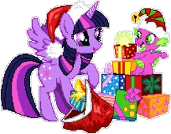 Size: 1020x800 | Tagged: safe, artist:epicvon, derpibooru import, spike, twilight sparkle, twilight sparkle (alicorn), alicorn, dragon, pony, christmas, female, hat, hearth's warming, holiday, image, male, manepxls, mare, pixel art, png, present, pxls.space, raised hoof, sack, santa hat, simple background, smiling, spread wings, transparent background, wings