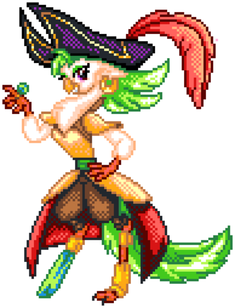 Size: 970x1270 | Tagged: safe, artist:dasheroni, derpibooru import, captain celaeno, anthro, bird, parrot, my little pony: the movie, amputee, female, image, jewelry, looking at you, manepxls, peg leg, pixel art, png, prosthetic leg, prosthetic limb, prosthetics, pxls.space, ring, simple background, smiling, smiling at you, solo, transparent background