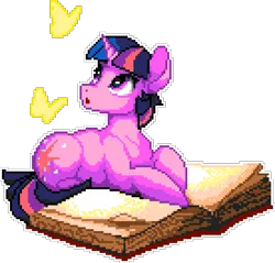 Size: 690x660 | Tagged: safe, artist:epicvon, artist:yakovlev-vad, derpibooru import, twilight sparkle, butterfly, insect, pony, unicorn, book, cute, female, image, lying down, manepxls, mare, open mouth, pixel art, png, prone, pxls.space, simple background, solo, sternocleidomastoid, transparent background, unicorn twilight