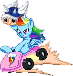 Size: 895x925 | Tagged: safe, artist:dstears, artist:epicvon, derpibooru import, rainbow dash, pegasus, pony, blue shell, crossover, female, go kart, grin, image, manepxls, mare, mario kart, pixel art, png, pxls.space, simple background, smiling, solo, this will end in explosions, transparent background