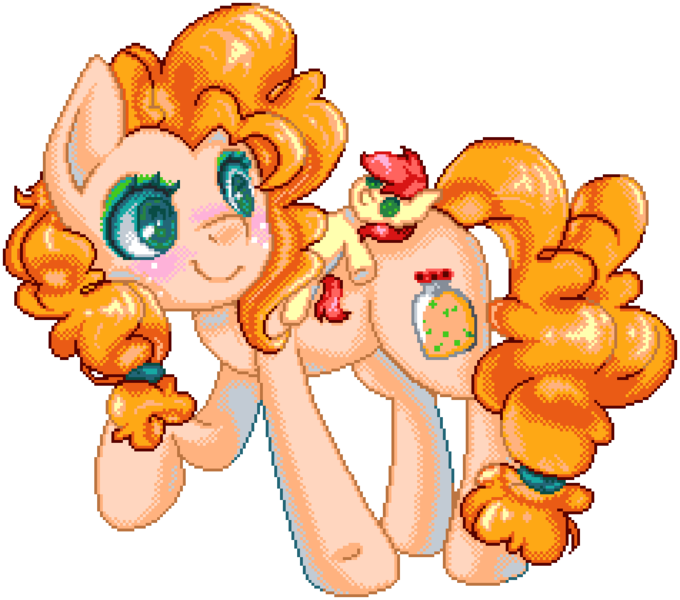 Size: 952x840 | Tagged: safe, artist:dasheroni, artist:patchnpaw, derpibooru import, bright mac, pear butter, earth pony, pony, blushing, cute, female, image, looking back, manepxls, mare, pixel art, plushie, png, pxls.space, raised hoof, simple background, smiling, transparent background