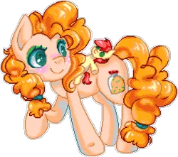 Size: 952x840 | Tagged: safe, artist:dasheroni, artist:patchnpaw, derpibooru import, bright mac, pear butter, earth pony, pony, blushing, cute, female, image, looking back, manepxls, mare, pixel art, plushie, png, pxls.space, raised hoof, simple background, smiling, transparent background