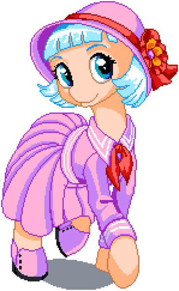 Size: 745x1215 | Tagged: safe, artist:dstears, artist:epicvon, derpibooru import, coco pommel, earth pony, pony, 20s, clothes, dress, female, hat, image, looking at you, manepxls, mare, pixel art, png, pxls.space, raised hoof, raised leg, simple background, smiling, solo, transparent background