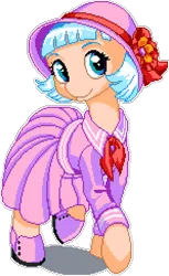 Size: 745x1215 | Tagged: safe, artist:dstears, artist:epicvon, derpibooru import, coco pommel, earth pony, pony, 20s, clothes, dress, female, hat, image, looking at you, manepxls, mare, pixel art, png, pxls.space, raised hoof, raised leg, simple background, smiling, solo, transparent background