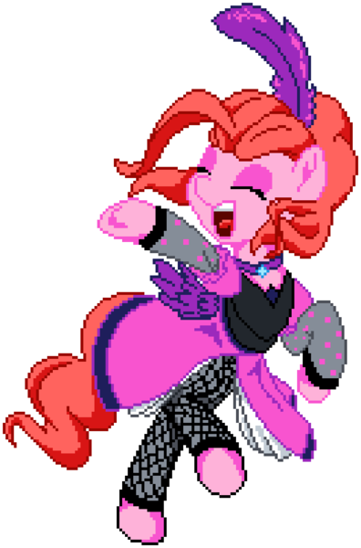 Size: 650x985 | Tagged: safe, artist:dstears, artist:epicvon, derpibooru import, pinkie pie, earth pony, pony, over a barrel, alternate hairstyle, clothes, dress, eyes closed, feather, female, fishnets, image, manepxls, mare, open mouth, pixel art, png, pxls.space, raised hoof, saloon dress, saloon pinkie, simple background, singing, socks, solo, stockings, thigh highs, transparent background