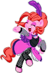 Size: 650x985 | Tagged: safe, artist:dstears, artist:epicvon, derpibooru import, pinkie pie, earth pony, pony, over a barrel, alternate hairstyle, clothes, dress, eyes closed, feather, female, fishnets, image, manepxls, mare, open mouth, pixel art, png, pxls.space, raised hoof, saloon dress, saloon pinkie, simple background, singing, socks, solo, stockings, thigh highs, transparent background