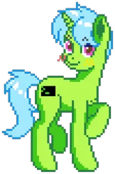 Size: 560x850 | Tagged: safe, artist:mishicheeto, derpibooru import, editor:cocoa bittersweet, oc, oc:green byte, unofficial characters only, pony, unicorn, image, looking at you, male, manepxls, pixel art, png, pxls.space, raised hoof, raised leg, simple background, smiling, solo, stallion, transparent background