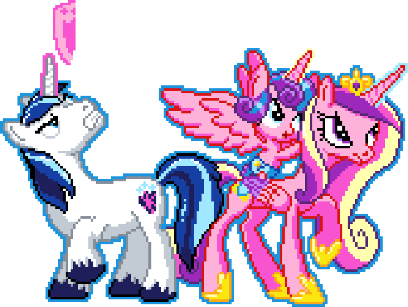 Size: 810x610 | Tagged: safe, artist:tihan, derpibooru import, princess cadance, princess flurry heart, shining armor, alicorn, pony, unicorn, angry, female, filly, foal, image, magic, male, manepxls, mare, pixel art, png, pxls.space, raised hoof, shield, simple background, spread wings, stallion, transparent background, wings