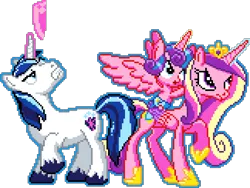 Size: 810x610 | Tagged: safe, artist:tihan, derpibooru import, princess cadance, princess flurry heart, shining armor, alicorn, pony, unicorn, angry, female, filly, foal, image, magic, male, manepxls, mare, pixel art, png, pxls.space, raised hoof, shield, simple background, spread wings, stallion, transparent background, wings