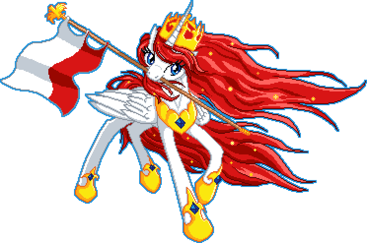 Size: 744x494 | Tagged: safe, artist:kocurzyca, artist:tihan, derpibooru import, oc, oc:queen poland, ponified, unofficial characters only, alicorn, pony, alicorn oc, crown, female, flag, horn, image, jewelry, manepxls, mare, mouth hold, nation ponies, pixel art, png, poland, polish flag, princess, pxls.space, raised hoof, raised leg, red mane, regalia, simple background, smiling, solo, sparkles, transparent background, wings