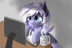 Size: 3000x2000 | Tagged: safe, artist:rainenight, derpibooru import, oc, oc:moonlight flower, unofficial characters only, pegasus, pony, colored wings, drawing, eyebrows, eyebrows visible through hair, graphics tablet, gray background, hooves on the table, image, monitor, mouth hold, pc, png, simple background, solo, table, tablet pen, two toned wings, whisker markings, wings