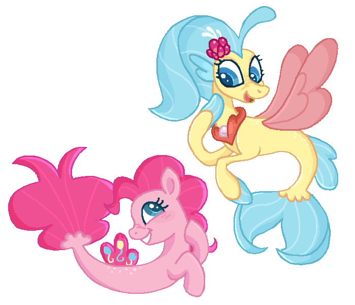 Size: 718x616 | Tagged: safe, artist:ponyjuno, derpibooru import, pinkie pie, princess skystar, earth pony, pony, seapony (g4), my little pony: the movie, abstract background, animated, art trade, blue eyes, blue mane, blushing, digital art, dorsal fin, duo, duo female, female, fin, fin wings, fins, fish tail, floppy ears, flower, flower in hair, flowing mane, flowing tail, gif, image, jewelry, lesbian, looking at each other, looking at someone, mare, necklace, pearl necklace, seaponified, seapony pinkie pie, shipping, skypie, smiling, smiling at each other, species swap, tail, wings