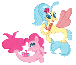 Size: 718x616 | Tagged: safe, artist:ponyjuno, derpibooru import, pinkie pie, princess skystar, earth pony, pony, seapony (g4), my little pony: the movie, abstract background, animated, art trade, blue eyes, blue mane, blushing, digital art, dorsal fin, duo, duo female, female, fin, fin wings, fins, fish tail, floppy ears, flower, flower in hair, flowing mane, flowing tail, gif, image, jewelry, lesbian, looking at each other, looking at someone, mare, necklace, pearl necklace, seaponified, seapony pinkie pie, shipping, skypie, smiling, smiling at each other, species swap, tail, wings