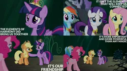 Size: 828x465 | Tagged: safe, derpibooru import, edit, edited screencap, editor:quoterific, screencap, applejack, fluttershy, pinkie pie, rainbow dash, rarity, twilight sparkle, twilight sparkle (alicorn), alicorn, princess twilight sparkle (episode), big crown thingy, black vine, element of generosity, element of honesty, element of kindness, element of laughter, element of loyalty, element of magic, elements of harmony, image, jewelry, jpeg, mane six, regalia