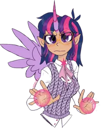 Size: 1920x2440 | Tagged: safe, artist:mrufka69, derpibooru import, twilight sparkle, human, alicorn humanization, alternate hairstyle, blushing, clothes, elf ears, female, freckles, glasses, horn, horned humanization, humanized, image, magic, png, shirt, simple background, solo, sweater vest, transparent background, winged humanization, wings