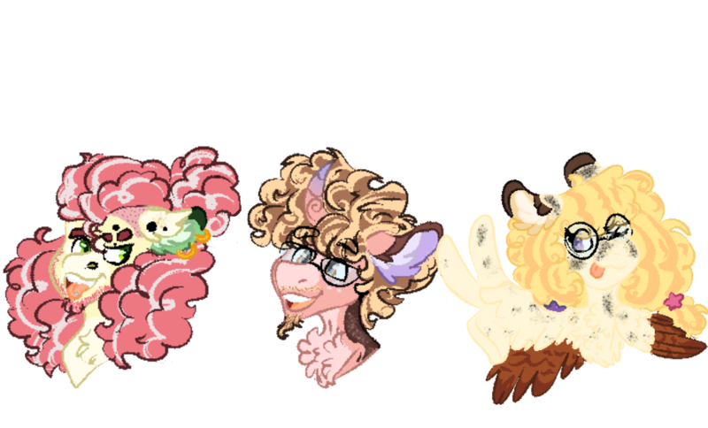 Size: 1000x605 | Tagged: safe, artist:artic-madrigal, derpibooru import, li'l cheese, oc, oc:banana cream pie, oc:smart cookie, earth pony, pegasus, pony, unicorn, the last problem, beard, bucktooth, bun hairstyle, chest fluff, colored ears, colored pupils, colored wings, curved horn, facial hair, freckles, glasses, horn, image, looking at you, moustache, next generation, one eye closed, parent:cheese sandwich, parent:pinkie pie, piercing, pigtails, png, shaved head, shaved mane, simple background, solo, tongue out, tongue piercing, transparent background, two toned mane, two toned wings, wings, wink, winking at you