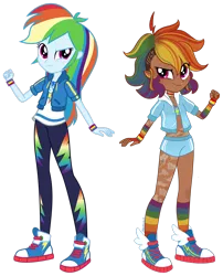 Size: 1920x2371 | Tagged: safe, artist:mrufka69, derpibooru import, rainbow dash, human, equestria girls, alternate hairstyle, belly button, choker, clothes, dark skin, duality, ear piercing, earring, elf ears, female, fingerless gloves, gloves, hoodie, humanized, image, jewelry, leggings, lip piercing, midriff, nose piercing, nose ring, piercing, png, rainbow socks, redesign, shirt, shoes, shorts, simple background, slit pupils, sneakers, socks, solo, sports bra, sports shorts, striped socks, t-shirt, tattoo, transparent background