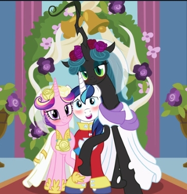 Size: 380x394 | Tagged: safe, artist:badumsquish, derpibooru import, edit, princess cadance, queen chrysalis, shining armor, changeling, changeling queen, a canterlot wedding, a better ending for chrysalis, armor, bisexual, blushing, canterlot wedding 10th anniversary, chrysarmordance, clothes, dress, female, flower, gold, image, jpeg, lesbian, male, marriage, married, polyamory, shipping, show accurate, smiling, straight, trio, wedding, wedding dress, wedding suit