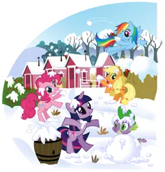 Size: 740x768 | Tagged: safe, derpibooru import, official, applejack, pinkie pie, rainbow dash, spike, twilight sparkle, dragon, earth pony, pegasus, unicorn, 2d, barrel, egmont, flying, g4, happy, image, jpeg, looking at you, magazine, panini, ponyville, snow, snowball, snowball fight, unicorn twilight, vector, winter