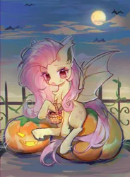 Size: 3019x4096 | Tagged: safe, artist:twiligh44097152, derpibooru import, fluttershy, bat, bat pony, pony, basket, bat ears, bat ponified, bat wings, candy, chest fluff, cute, eyebrows, fangs, female, flutterbat, food, g4, halloween, high res, holiday, image, jack-o-lantern, jpeg, looking at you, mare, open mouth, outdoors, pumpkin, race swap, shyabates, shyabetes, signature, solo, spread wings, wings