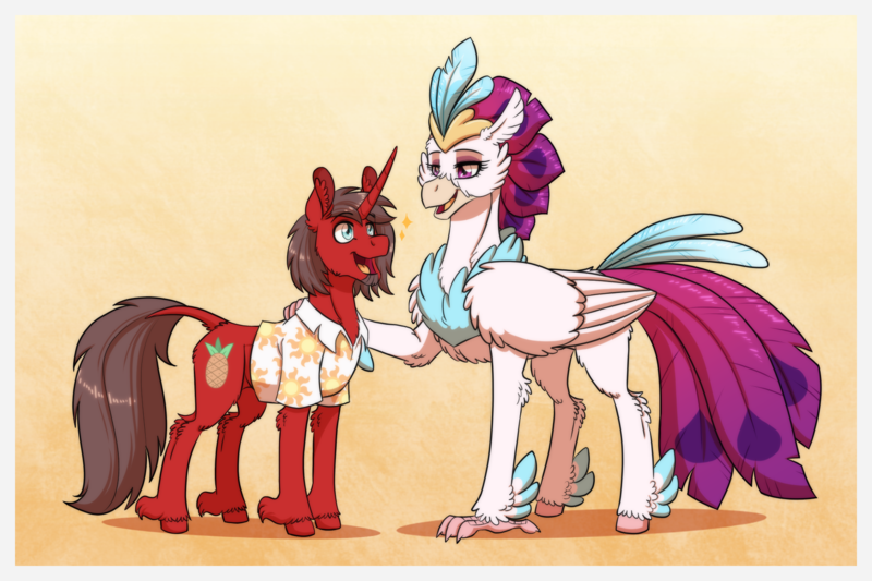 Size: 1772x1181 | Tagged: safe, artist:inuhoshi-to-darkpen, derpibooru import, queen novo, oc, oc:ironyoshi, classical hippogriff, classical unicorn, hippogriff, unicorn, my little pony: the movie, clothes, cloven hooves, commission, happy, horn, image, leonine tail, looking at each other, looking at someone, png, shirt, simple background, unshorn fetlocks