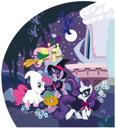 Size: 643x708 | Tagged: safe, derpibooru import, official, fluttershy, pinkie pie, rarity, spike, twilight sparkle, dragon, earth pony, ghost, pegasus, undead, unicorn, 2010s, 2d, bow, broom, clothes, costume, egmont, evening, flying, g4, halloween, halloween costume, hat, holiday, image, jpeg, magazine, mask, moon, panini, pumpkin, ribbon, unicorn twilight, vector, witch, witch hat