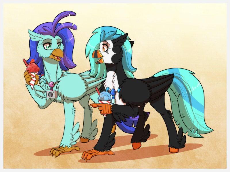 Size: 1574x1181 | Tagged: safe, artist:inuhoshi-to-darkpen, derpibooru import, oc, oc:icebeak, oc:sea lilly, unofficial characters only, classical hippogriff, hippogriff, camera, commission, food, holding, image, jewelry, looking at each other, looking at someone, necklace, png, simple background, snowcone, spoon