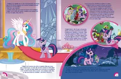 Size: 1248x816 | Tagged: safe, derpibooru import, official, princess celestia, spike, twilight sparkle, alicorn, dragon, pony, unicorn, 2010s, 2d, background pony, book, canterlot, canterlot castle, doubt, egmont, female, french, g4, golden oaks library, image, jpeg, library, mare, night, panini, ponyville, raised hoof, shooting star, spread wings, stained glass, stars, storybook, thinking, unicorn twilight, vector, wings