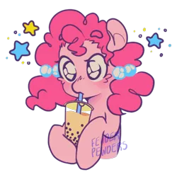 Size: 2000x2000 | Tagged: safe, artist:fewderpewders, derpibooru import, pinkie pie, earth pony, alternate hairstyle, bubble tea, drink, drinking straw, image, png, sipping, solo, stars