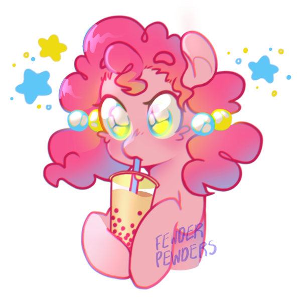 Size: 2000x2000 | Tagged: safe, alternate version, artist:fewderpewders, derpibooru import, pinkie pie, earth pony, alternate hairstyle, bubble tea, drink, drinking straw, image, png, sipping, solo, stars