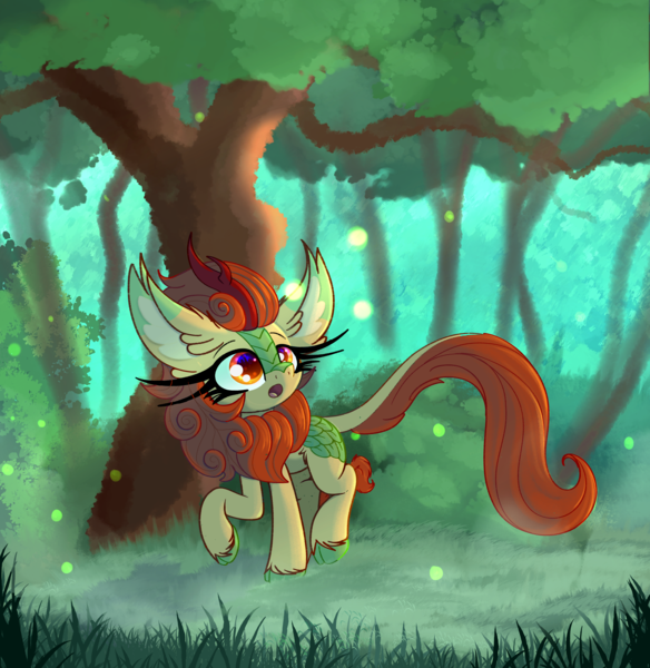 Size: 4341x4461 | Tagged: safe, artist:windykirin, derpibooru import, autumn blaze, kirin, absurd resolution, awwtumn blaze, big ears, cloven hooves, cute, female, forest, g4, grass, horn, image, impossibly long eyelashes, kirinbetes, long eyelashes, open mouth, outdoors, png, raised hoof, raised leg, solo, tree, unshorn fetlocks