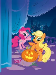 Size: 714x953 | Tagged: safe, derpibooru import, official, applejack, pinkie pie, earth pony, 2010s, 2d, balcony, canterlot, canterlot castle, confetti, cover, cover art, curtains, egmont, g4, halloween, happy, holiday, image, jpeg, looking at you, magazine cover, panini, pumpkin, raised hoof, vector