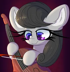 Size: 2527x2585 | Tagged: safe, artist:windykirin, derpibooru import, octavia melody, earth pony, pony, big ears, bow (instrument), cello, cute, ear fluff, female, g4, high res, hoof hold, image, impossibly long eyelashes, long eyelashes, looking at something, mare, musical instrument, png, smiling, solo, tavibetes