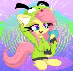 Size: 5270x5142 | Tagged: safe, artist:windykirin, derpibooru import, fluttershy, pegasus, pony, absurd resolution, antonymph, clothes, fangs, female, fluttgirshy, gir, hoodie, image, invader zim, long eyelashes, looking at something, mare, open mouth, open smile, png, sitting, smiling, solo