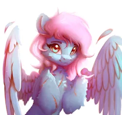 Size: 1981x1854 | Tagged: safe, artist:itssim, derpibooru import, oc, oc:vesperal breeze, unofficial characters only, pegasus, pony, commission, eyebrows, feather, female, fluffy, image, jpeg, looking at you, mare, pegasus oc, scar, self harm, self harm scars, simple background, smiling, smiling at you, solo, spread wings, white background, wings