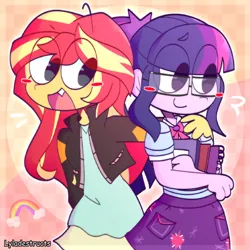 Size: 2000x2000 | Tagged: safe, artist:lyladestructs, derpibooru import, sunset shimmer, twilight sparkle, human, equestria girls, blush lines, blushing, clothes, duo, female, image, looking at each other, looking at someone, png, smiling, smiling at each other