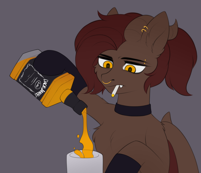 Size: 1582x1362 | Tagged: safe, artist:alunedoodle, derpibooru import, oc, oc:whiskey dreams, unofficial characters only, alcohol, drink, ear piercing, image, jack daniels, piercing, png, smoking, solo