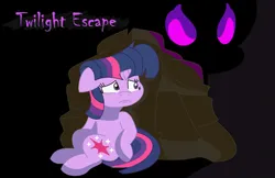 Size: 1280x828 | Tagged: safe, artist:lightcartoon2019, derpibooru import, twilight sparkle, pony, unicorn, bricks, dark background, dark magic, duo, eye mist, fan game, fear, female, floppy ears, glow, glowing eyes, hiding, image, jpeg, magic, monster, not king sombra, not sombra, not umbrum, rock, scared, shadow creature, smoke, solo, twilight escape, unicorn twilight