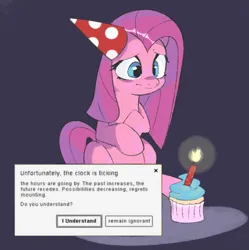 Size: 887x889 | Tagged: artist needed, source needed, safe, derpibooru import, pinkie pie, earth pony, pony, birthday, candle, cupcake, error message, female, fire, food, frown, hat, image, mare, meme, microsoft, microsoft windows, party hat, pinkamena diane pie, png, ponified animal photo, ponified meme, reality ensues, regret, sad, sitting, solo