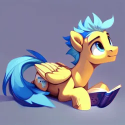 Size: 768x768 | Tagged: safe, derpibooru import, machine learning generated, stable diffusion, oc, oc:caerulean deep, unofficial characters only, pegasus, ai content, book, cheerful, content, generator:purplesmart.ai, image, jpeg, looking up, lying down, male, reading, solo