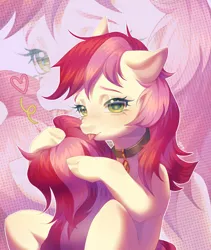 Size: 1528x1813 | Tagged: safe, artist:юрк, derpibooru import, roseluck, pony, collar, commission, commissioner:doom9454, cute, hug, image, licking, pet tag, png, pony pet, rosepet, solo, tail, tail hug, tongue out, zoom layer