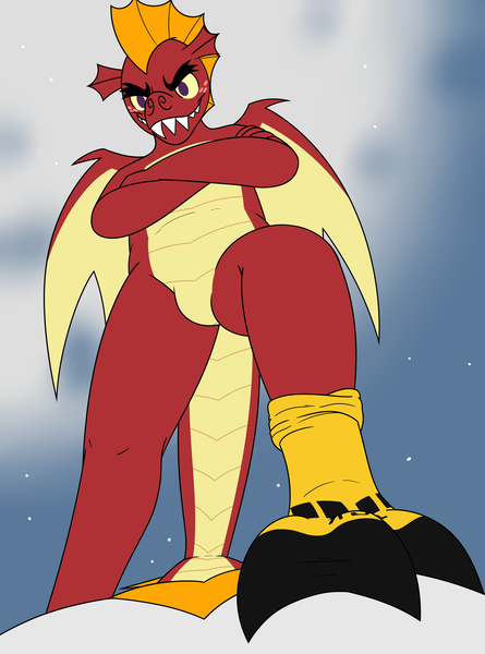 Size: 4400x5938 | Tagged: questionable, artist:aaron amethyst, derpibooru import, garble, anthro, dragon, black socks, clothes, crew socks, fangs, featureless crotch, feet, fetish, foot fetish, foot on chest, forced, freckles, gay, image, low angle, male, offscreen character, png, pov, sock fetish, socks, sports socks, wings, yellow socks