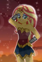 Size: 4944x7320 | Tagged: safe, artist:emeraldblast63, derpibooru import, sunset shimmer, equestria girls, bare shoulders, clothes, cosplay, costume, dc comics, female, image, png, solo, strapless, wonder woman