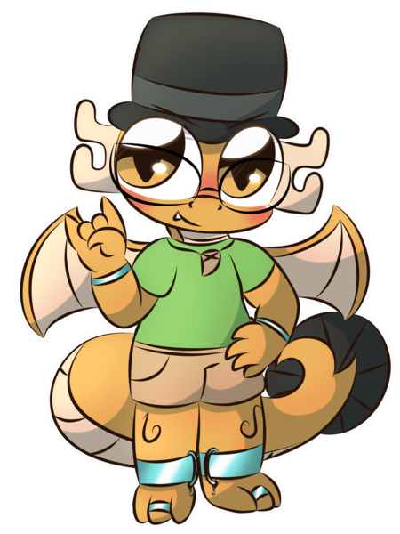 Size: 2400x3200 | Tagged: safe, artist:cushyhoof, derpibooru import, oc, oc:myoozik the dragon, unofficial characters only, dragon, blushing, bracelet, clothes, commission, cute, dragon oc, dragon wings, fangs, gesture, glasses, hat, image, jewelry, looking at you, male, necklace, non-pony oc, png, shirt, simple background, solo, t-shirt, transparent background, wings