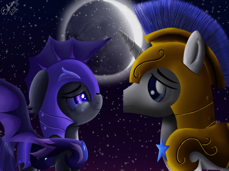 Size: 2672x2000 | Tagged: safe, artist:bethiebo, derpibooru import, oc, oc:flashbang, oc:starbright, unofficial characters only, bat pony, pony, unicorn, image, moon, night guard, png, royal guard