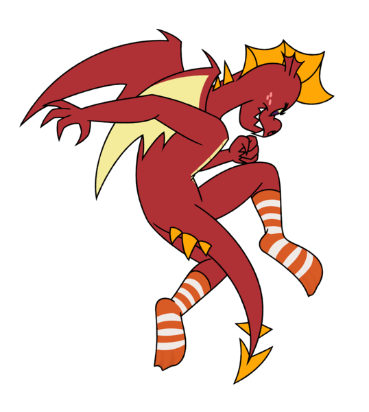 Size: 3400x3792 | Tagged: safe, artist:aaron amethyst, derpibooru import, garble, dragon, action pose, clothes, crew socks, fangs, flying, freckles, image, looking back, male, orange socks, png, socks, solo, striped socks, white socks, wings