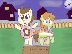 Size: 1600x1200 | Tagged: safe, artist:wanda, derpibooru import, pound cake, pumpkin cake, pegasus, pony, unicorn, background, clothes, costume, donut, food, image, moon, png, ribbon, smiling