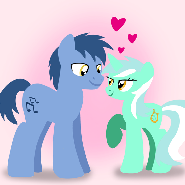 Size: 1400x1400 | Tagged: safe, artist:mlplary6, derpibooru import, blues, lyra heartstrings, noteworthy, earth pony, pony, unicorn, boyfriend and girlfriend, female, heart, image, looking at each other, looking at someone, love, male, mare, png, ship:lyraworthy, shipping, smiling, smiling at each other, stallion, straight