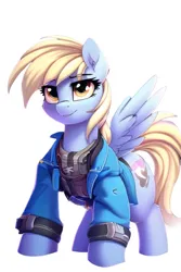 Size: 480x720 | Tagged: safe, derpibooru import, editor:primortal, machine learning assisted, machine learning generated, novelai, stable diffusion, oc, oc:ivory gust, unofficial characters only, pegasus, pony, fallout equestria, ai content, armored vest, clothes, fallout, female, image, jacket, jumpsuit, pegasus oc, png, post-apocalyptic, stable dweller, vault suit, war never changes, wings