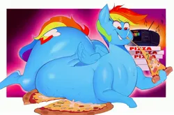 Size: 3548x2343 | Tagged: suggestive, artist:emma noorman, derpibooru import, rainbow dash, pegasus, pony, abstract background, belly, big belly, butt, eating, fat, fat fetish, fetish, food, hooves, huge belly, image, impossibly large belly, jpeg, large butt, music notes, on floor, pizza, pizza box, radio, rainblob dash, rainbutt dash, solo, thighs, thunder thighs